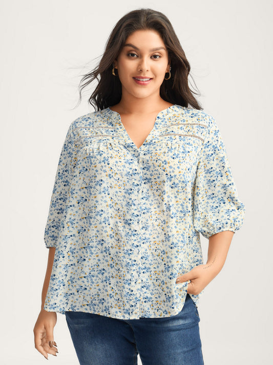 Floral Print Lace Trim Flowy Blouse