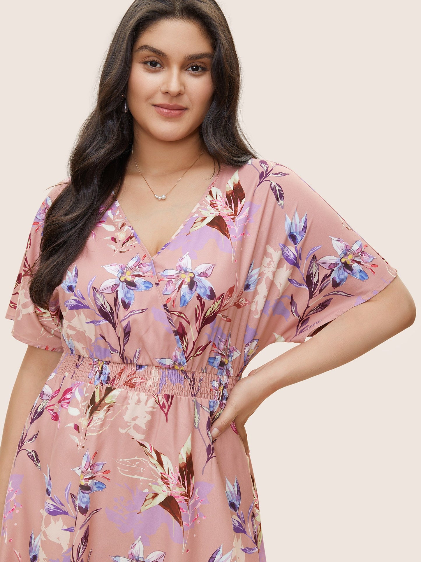 Floral Shirred Overlap Collar Elastic Waist Dress
