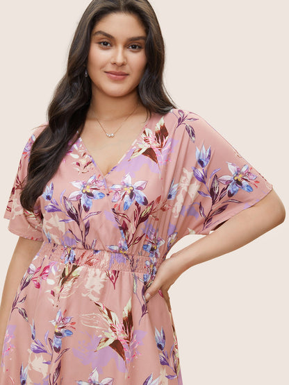 Floral Shirred Overlap Collar Elastic Waist Dress