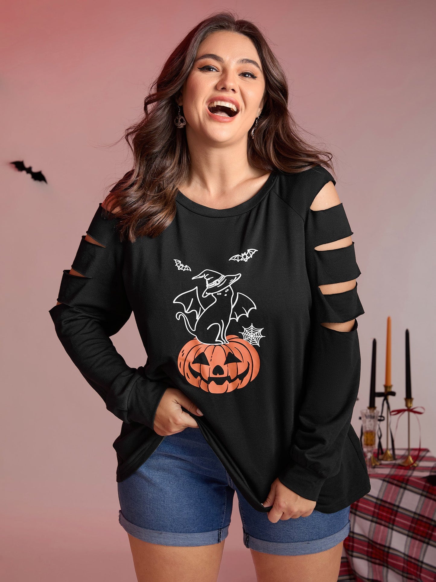 Pumpkin Cat Shoulder Laser Cut-Out Sweatshirt