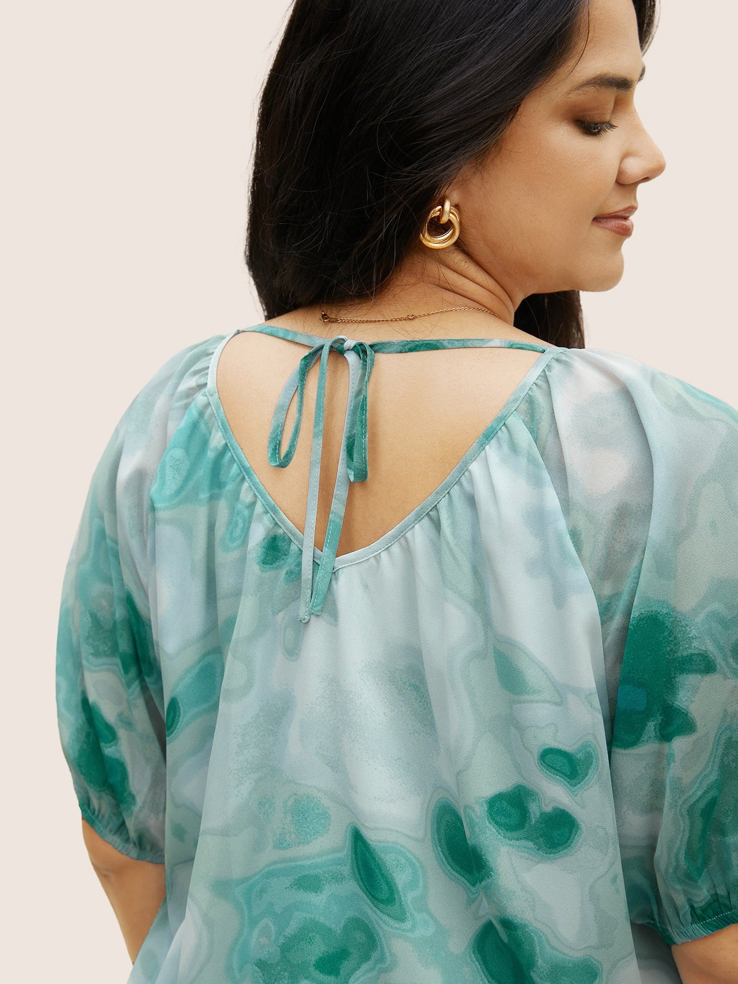 Synthetic Texture Raglan Sleeve Gathered Blouse