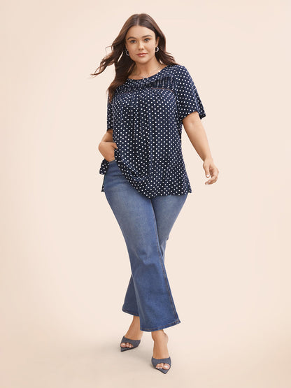 Polka Dot Split Hem Pleated Blouse