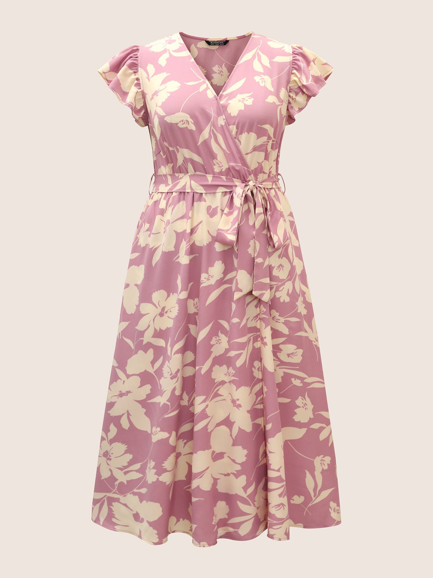 Silhouette Floral Print Wrap Ruffle Cap Sleeve Dress