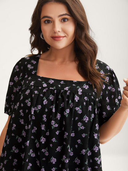 Floral Fiesta Pleated Square Neck Blouse