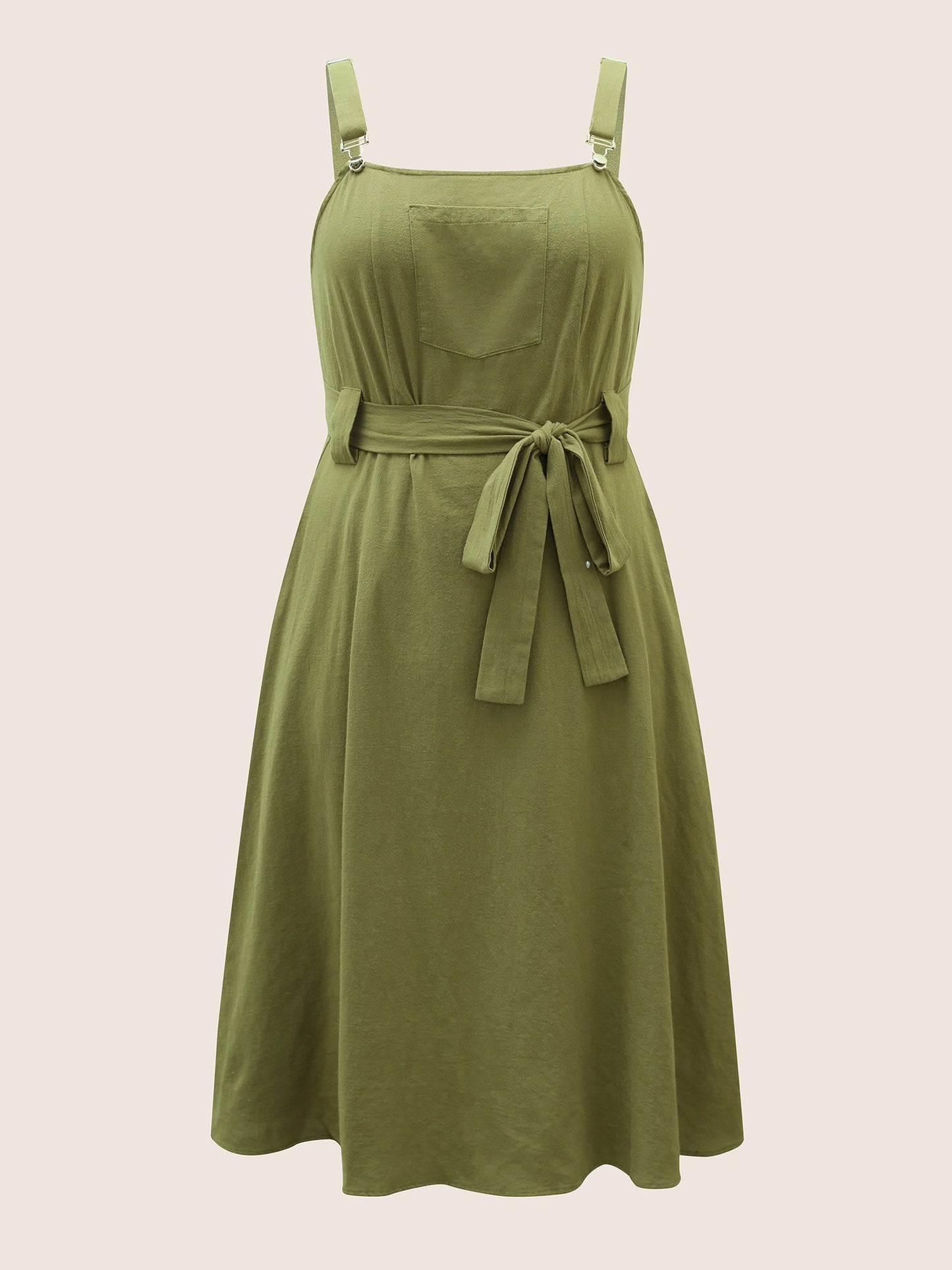 Solid Patched Pocket Adjustable Straps Belted Dress