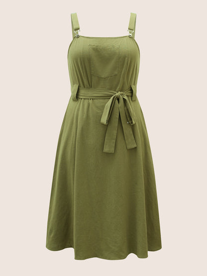 Solid Patched Pocket Adjustable Straps Belted Dress