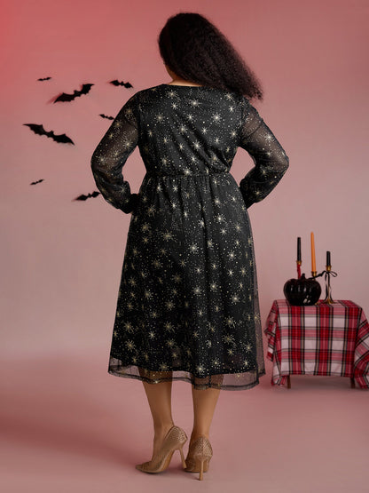 Star Moon Mesh Cinched-Waist Midi Dress