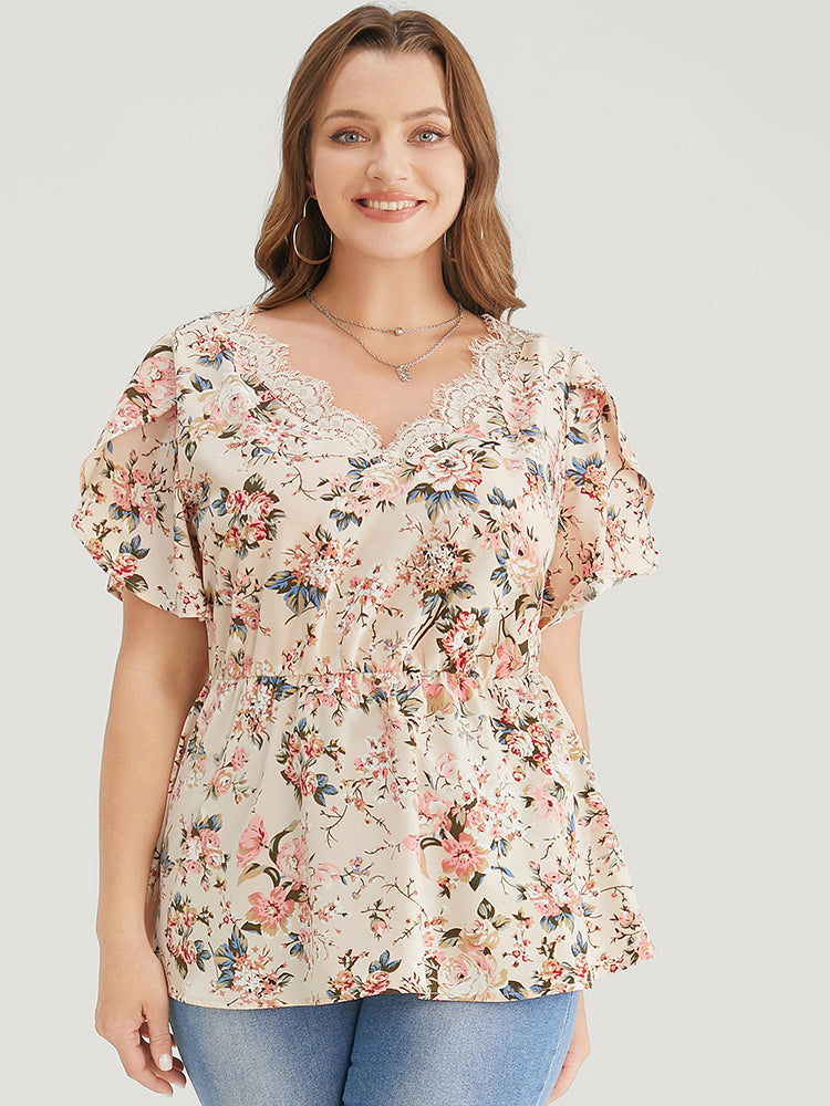 Floral Print Lace Trim Ruffle Hem Petal Sleeve Blouse