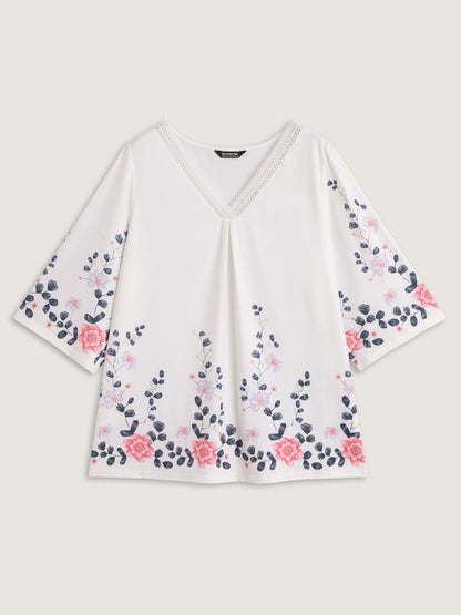 Stretchy Floral Print V-Neck Knit Top