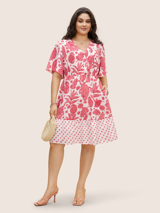 Overlap Collar Boho Print Patchwork Dress