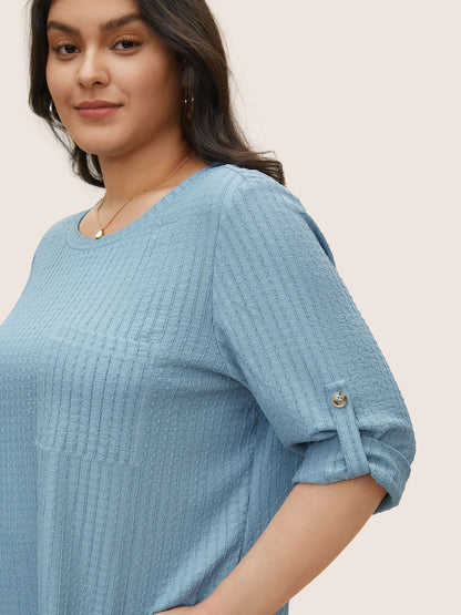 Plain Textured Patched Pocket Tab Sleeve T-shirt