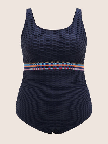 U Neck Patchwork Contrast Webbing One Piece Swimsuit