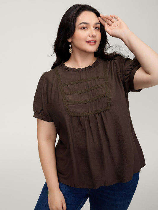Lace Trim Ruffled Neck Solid Blouse