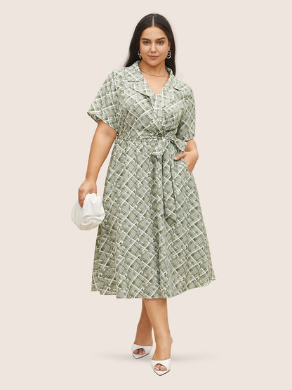 Geometric Suit Collar Button Up Belted Dress