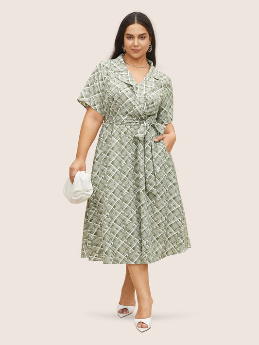Geometric Suit Collar Button Up Belted Dress