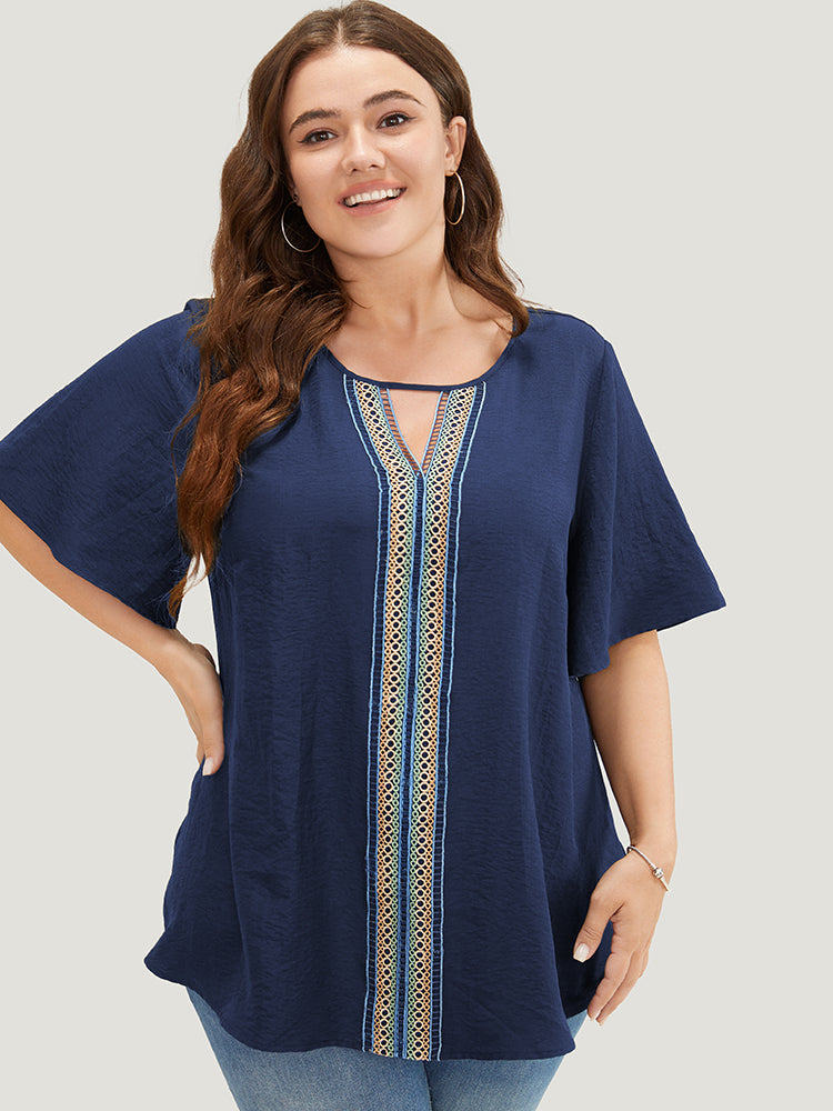 Plain Contrast Tape Keyhole Neck Ruffle Sleeve Blouse