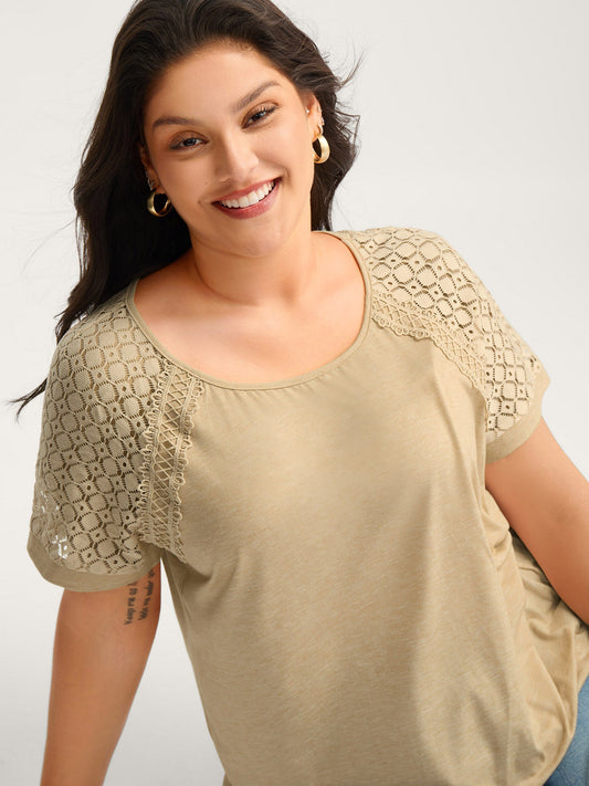 Sheer Lace Sleeve Spliced Solid T-Shirt