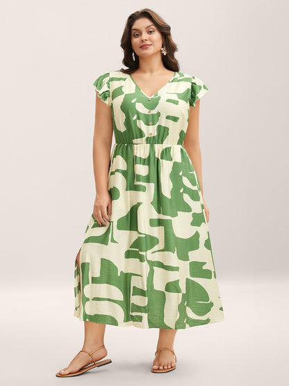 Geometric Print Cinched-Waist Button Midi Dress