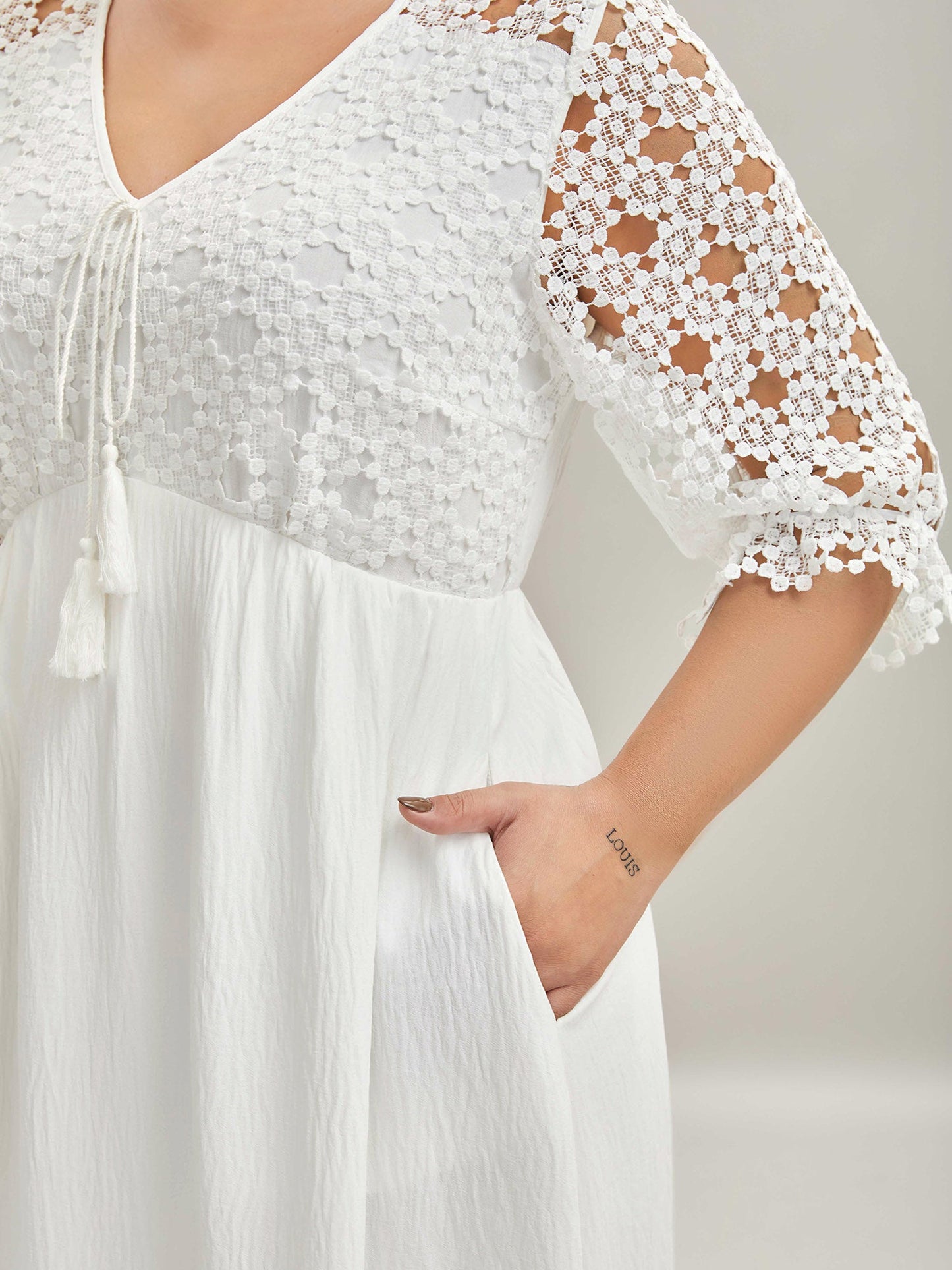 Sheer Lace Sleeve Pockets Flowy Midi Dress
