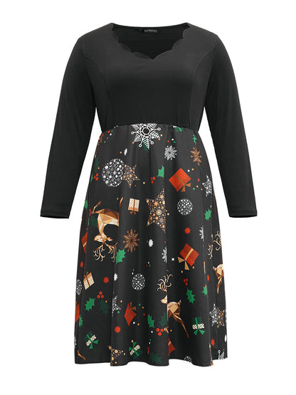 Christmas Print Patchwork Scalloped Trim Elastic Waist Dress