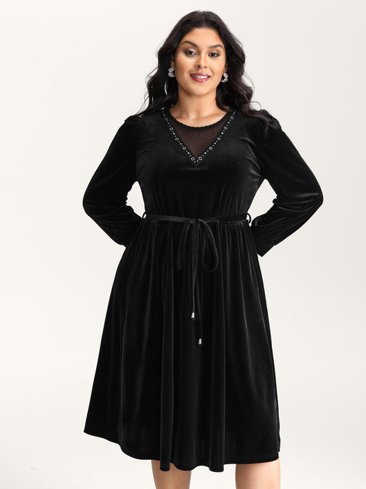 Velvet Sheer Neckline Belted Waist Maxi Dress