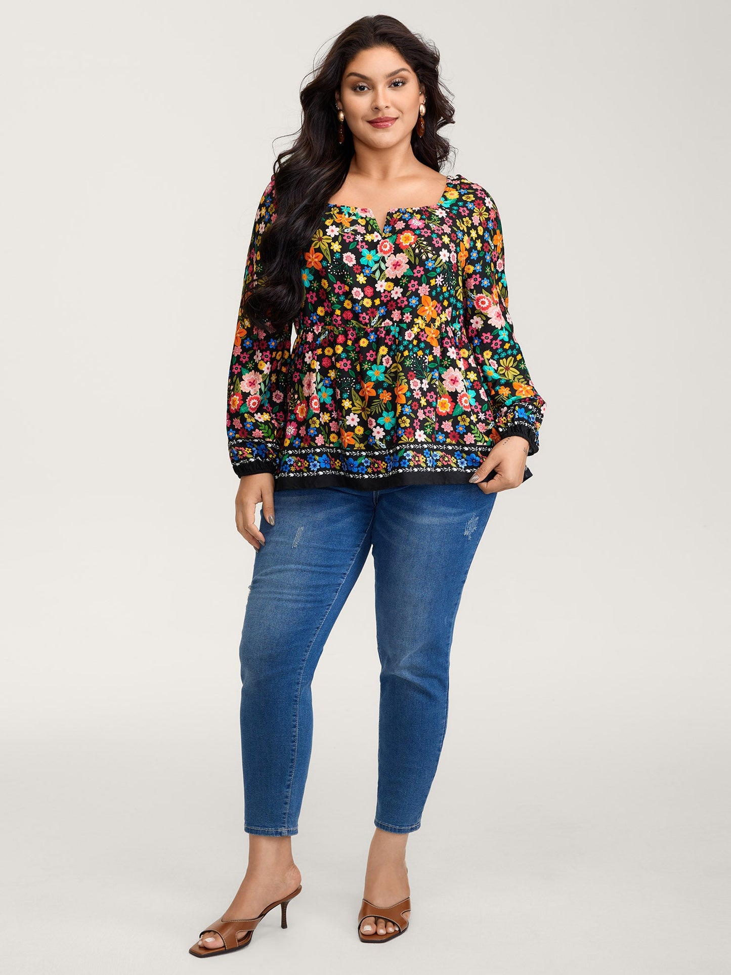 Colorful Floral Print Cinched-Flared Blouse