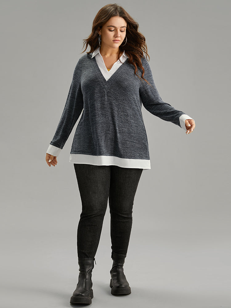 2-In-1 Contrast Patchwork Lapel Collar T-shirt