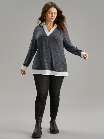 2-In-1 Contrast Patchwork Lapel Collar T-shirt