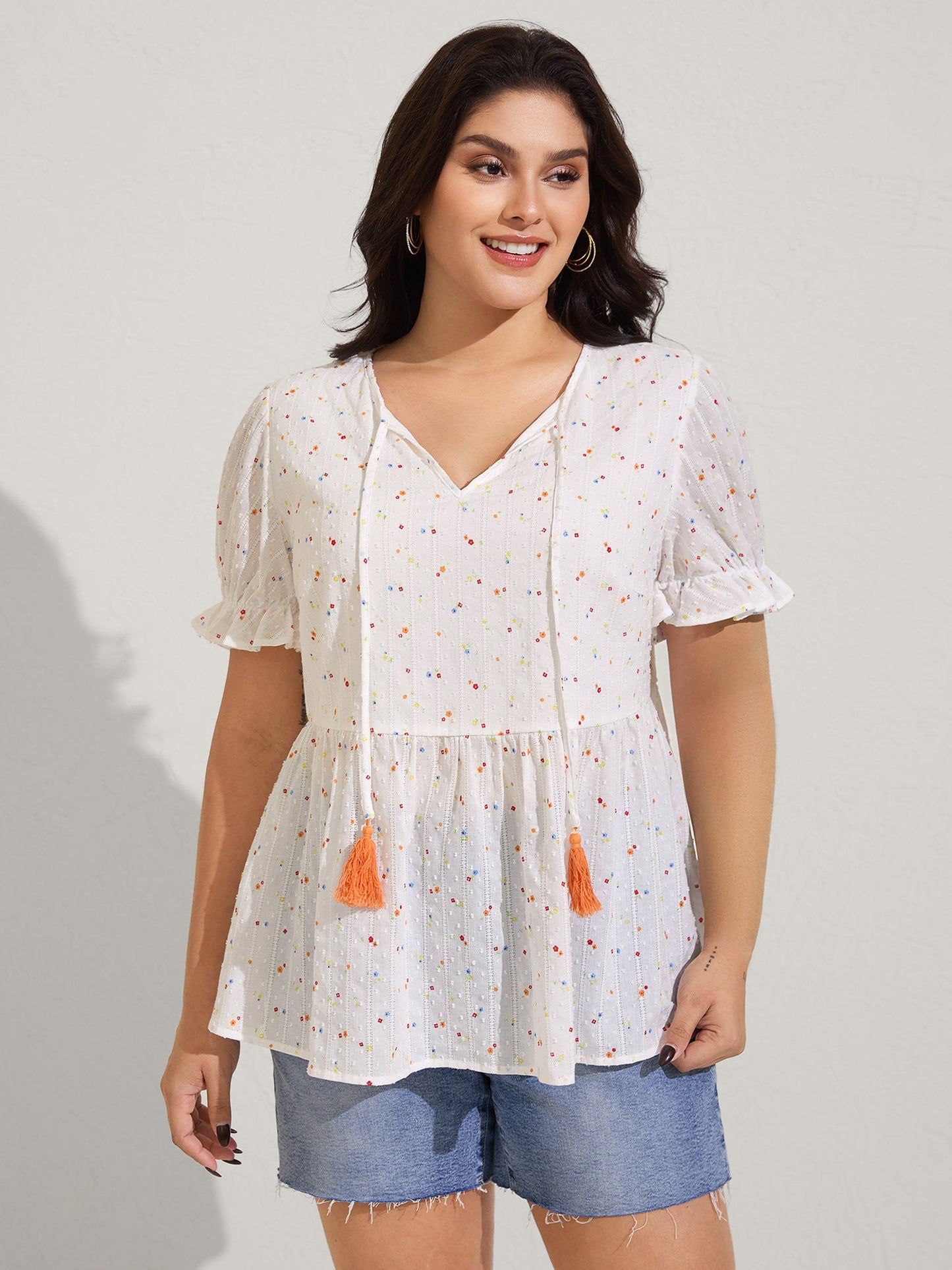 Cotton Colorful Embroidered Tassels Solid Blouse