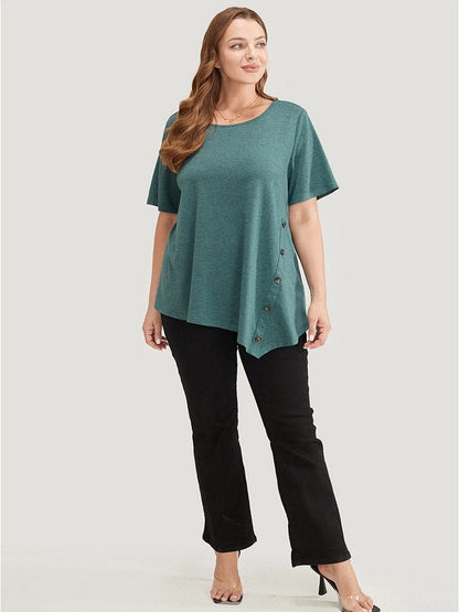 Solid Asymmetrical Hem Button Detail Ruffles T-shirt
