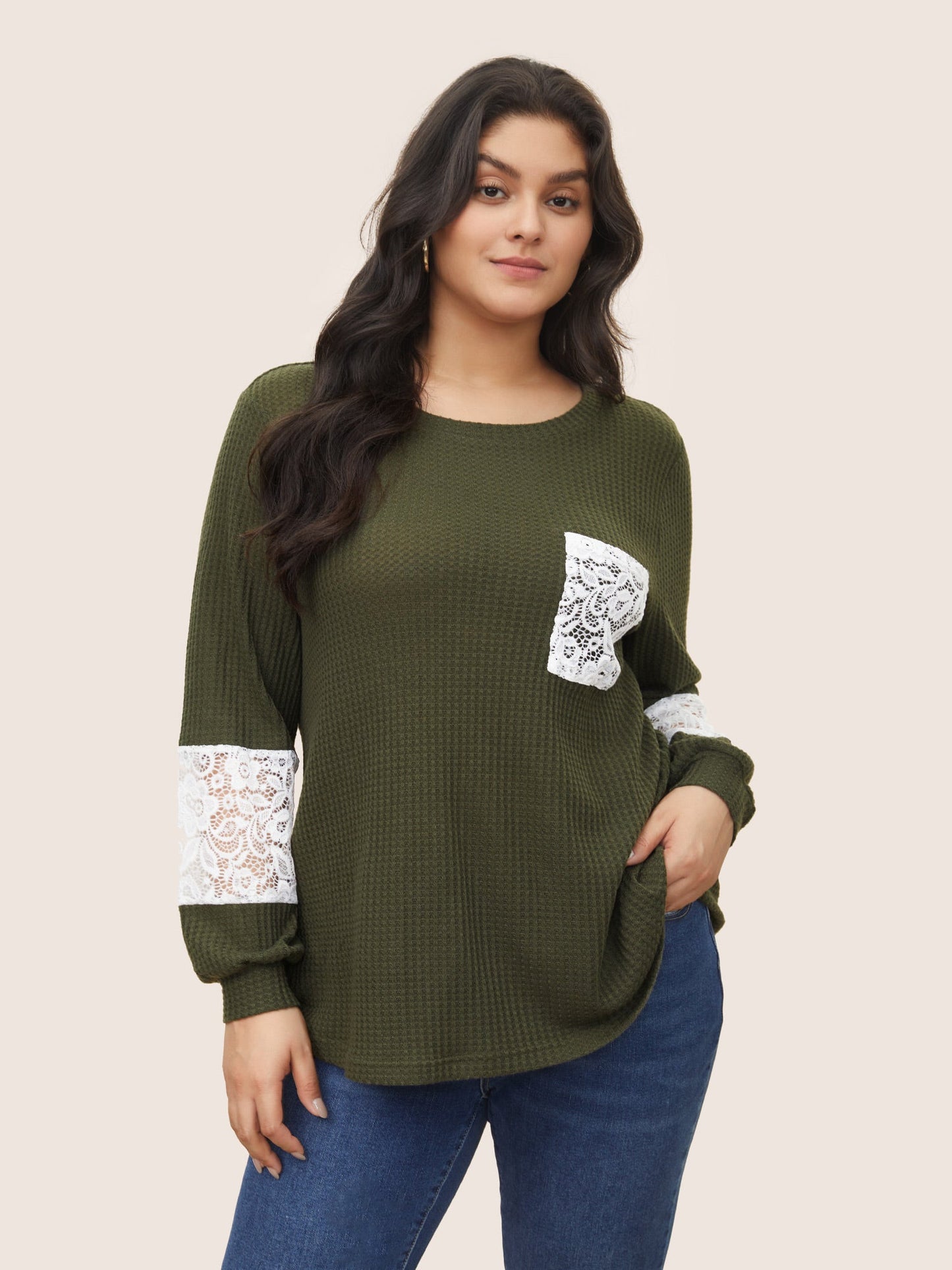 Waffle Knit Contrast Lace Patchwork T-shirt