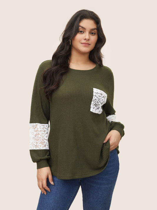 Waffle Knit Contrast Lace Patchwork T-shirt