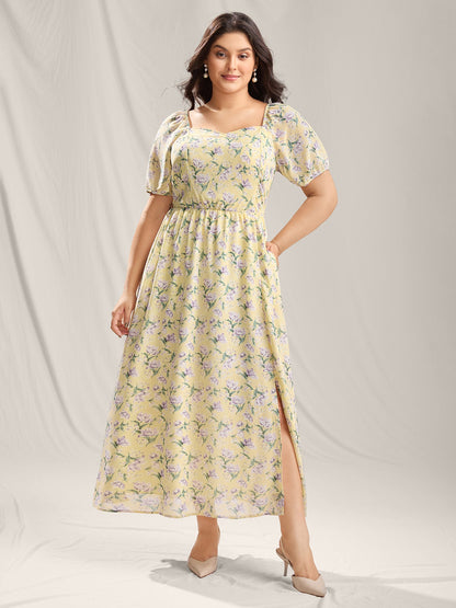 Vine Flower Sweetheart Neck Slit Maxi Dress