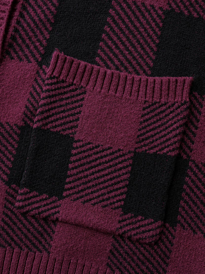 Checkered Jacquard Buttons Pockets Knit Cardigan