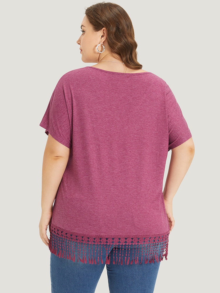 Plain Fringe Trim Batwing Sleeve T-shirt