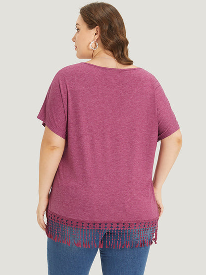 Plain Fringe Trim Batwing Sleeve T-shirt