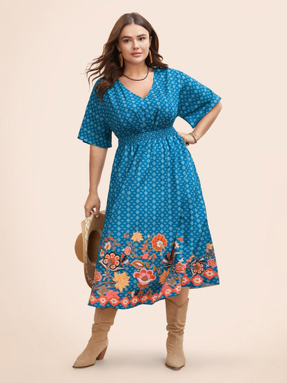 Boho Print Shirred Pleated Dolman Sleeve Dress