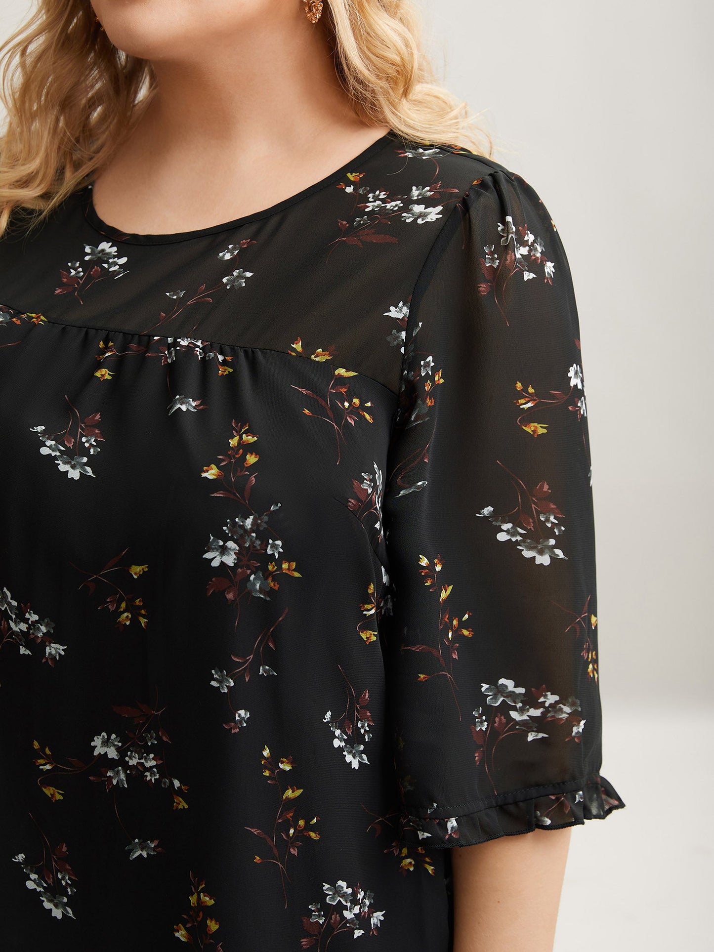 Floral Print Sheer Ruffled Trim Sleeve Shirt