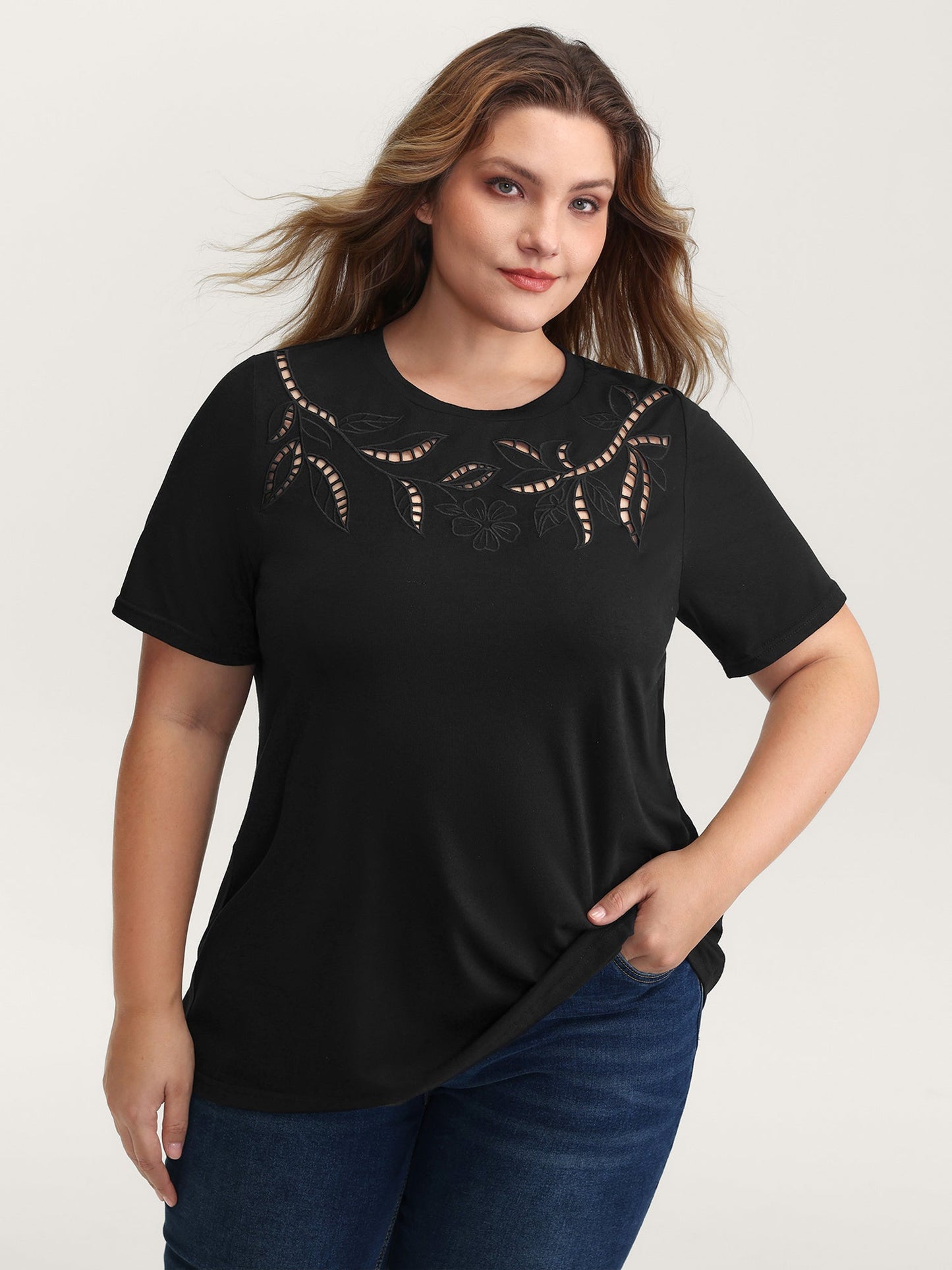Stretchy Embroidered Cut-Out T-Shirt