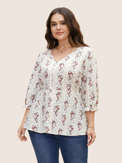Boho Print O Ring Zipper Lantern Sleeve Blouse
