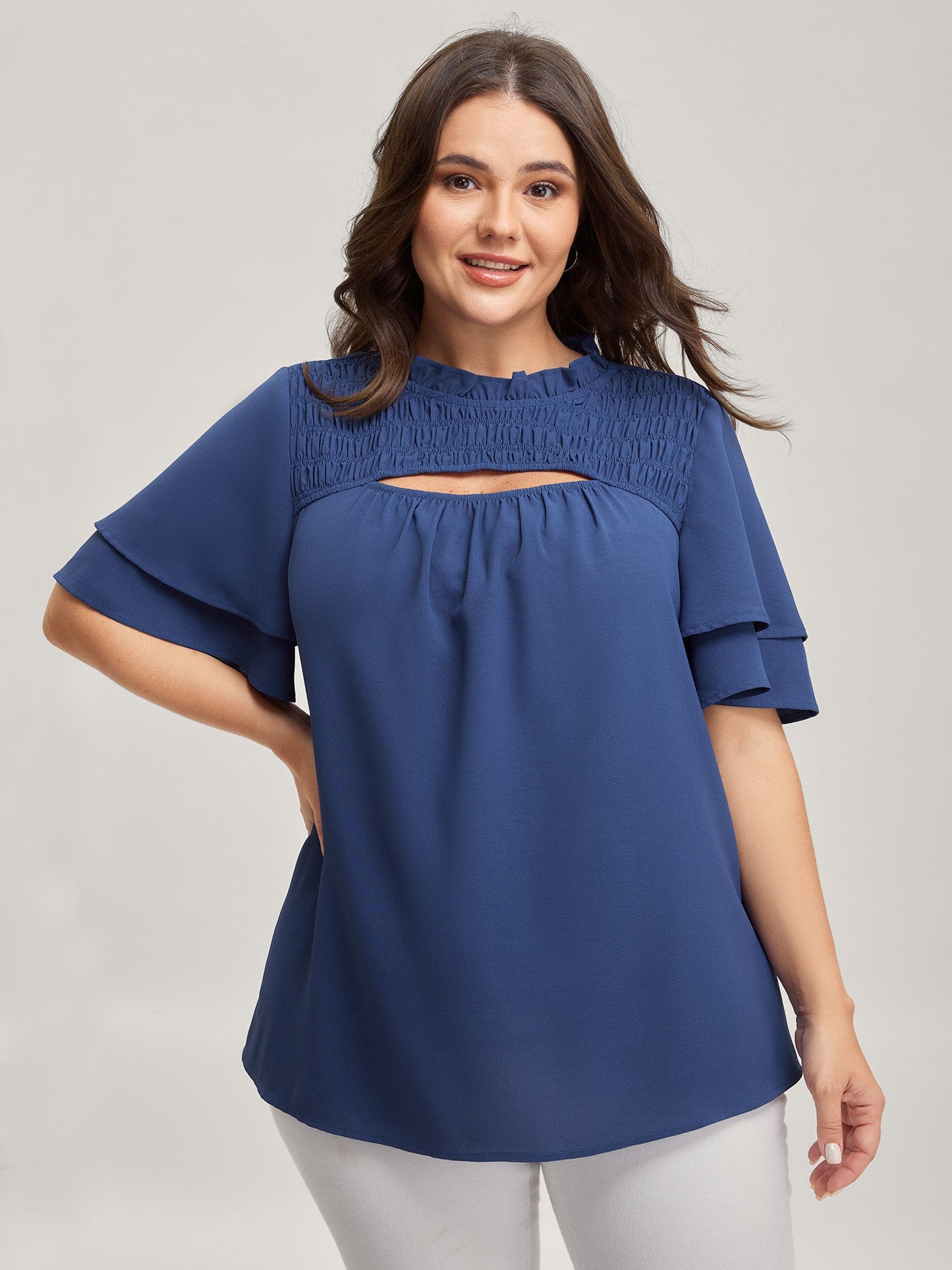 Shirred Cut-Out Neckline Layered Sleeve Blouse