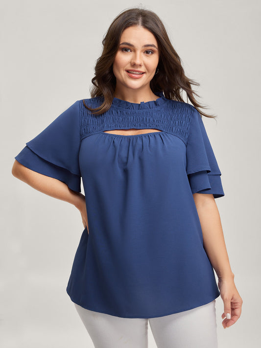 Shirred Cut-Out Neckline Layered Sleeve Blouse