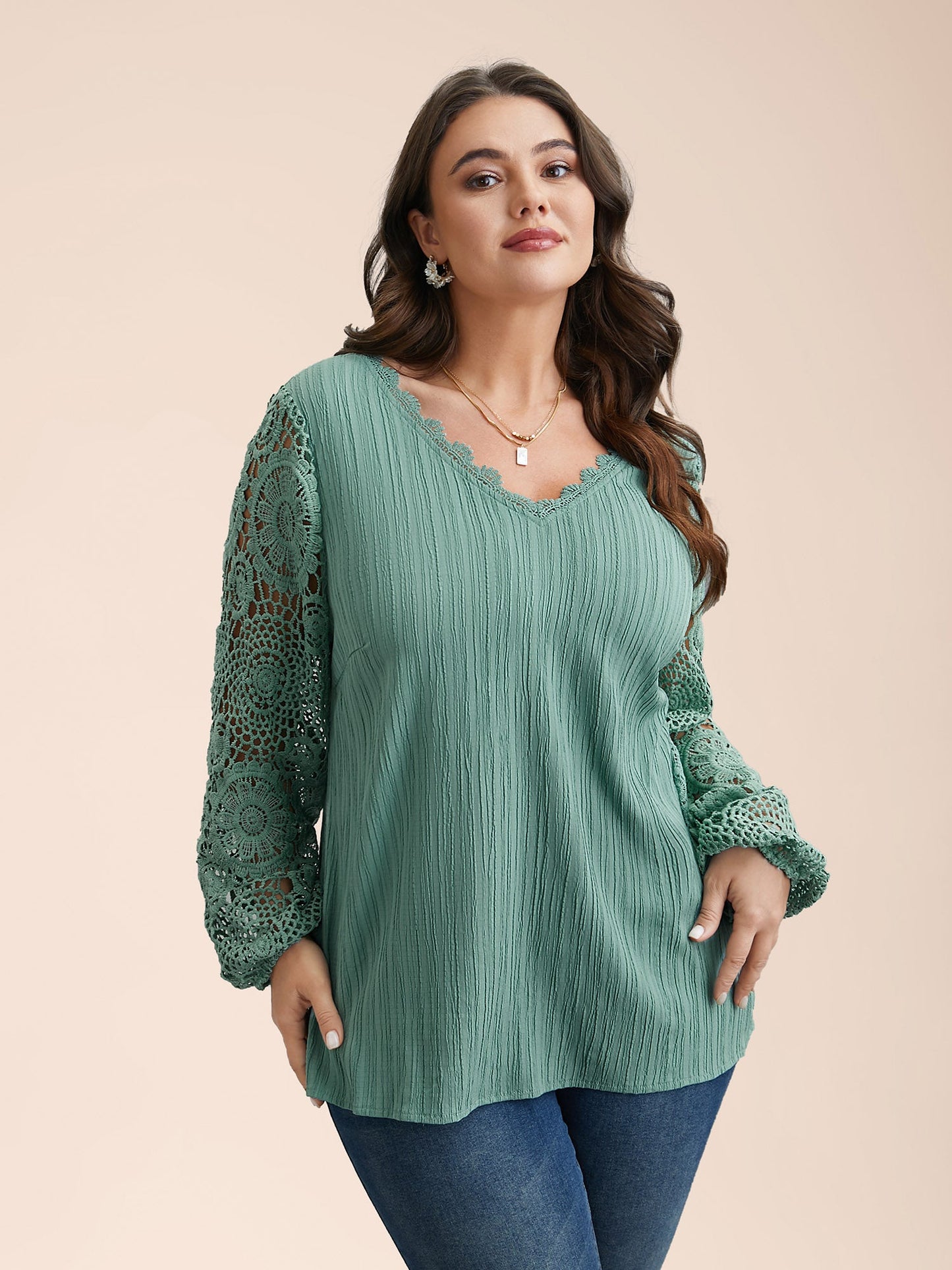 Scalloped Lace Textured Sheer Sleeve Blouse
