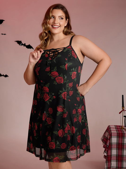 Rose Print Neck-Ties Flowy Sleep Dress