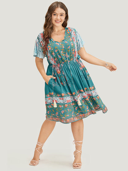 Bandana Print Ruffle Sleeve Pocket Tie Neck Tassels Dress