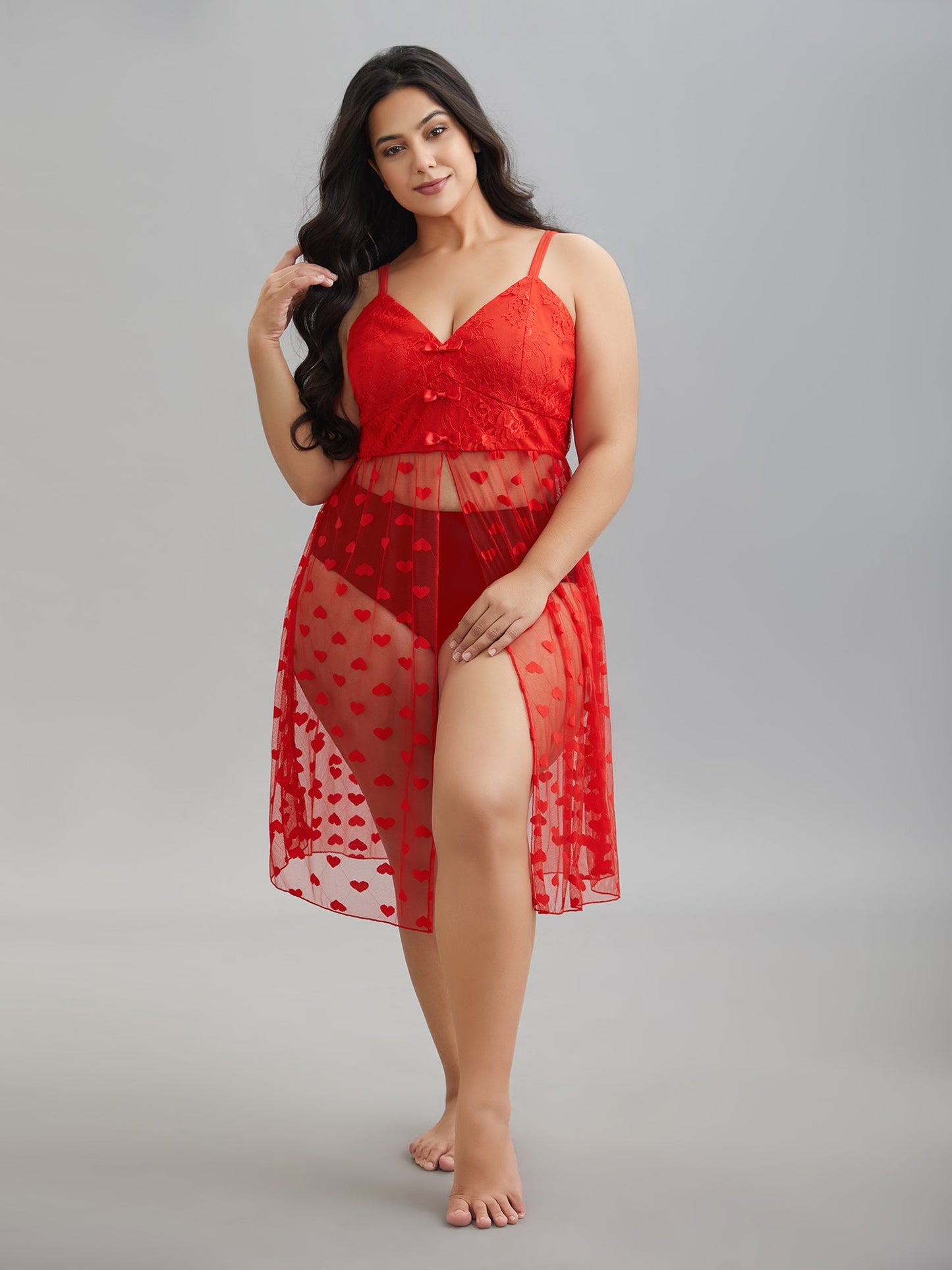 Heart Lace Mesh Split Hem Sleep Dress