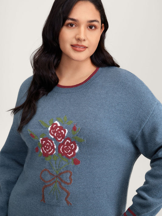 Supersoft Rosy Motif Contrast Round Neck Pullover