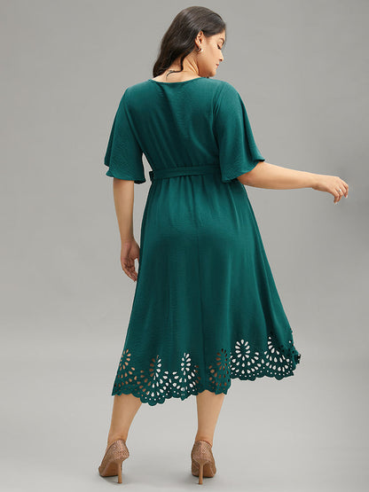 Plain Belted Laser Cut High Low Hem Dress