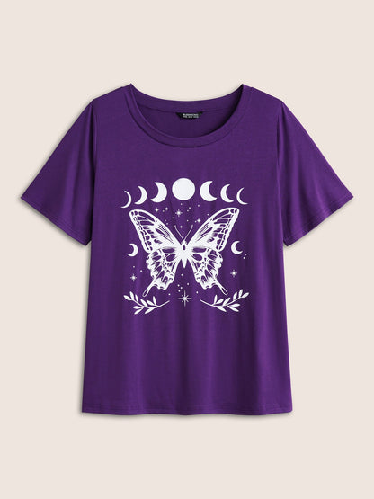 Butterfly & Moon Print Round Neck T-shirt