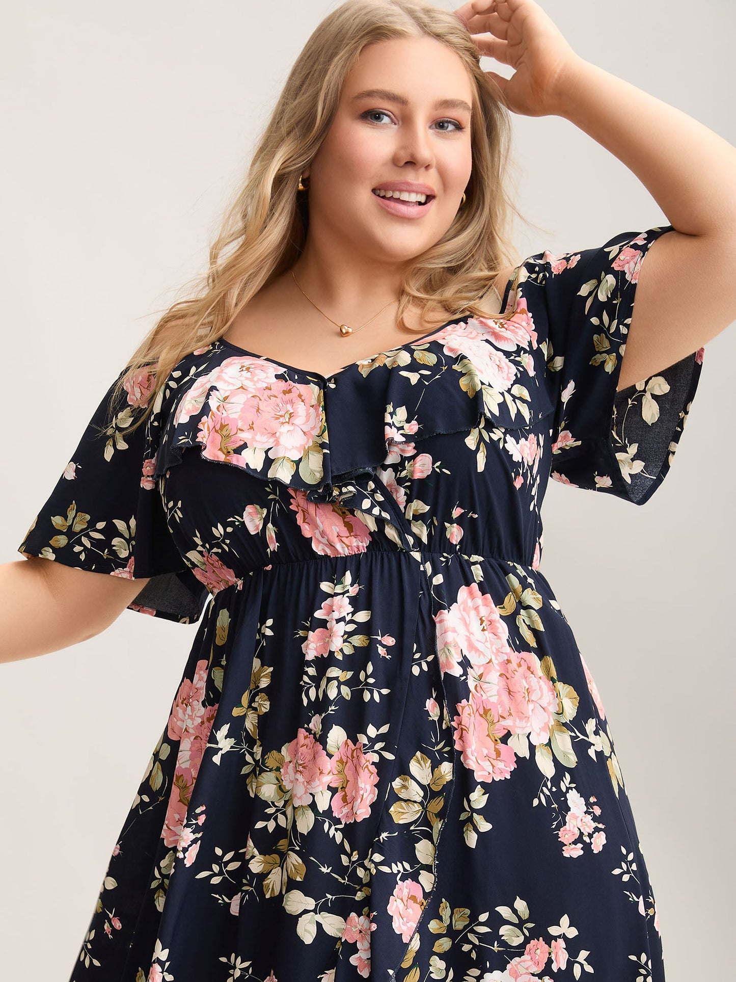 Ruffled Neck Off-Shoulder Floral Midi Dress